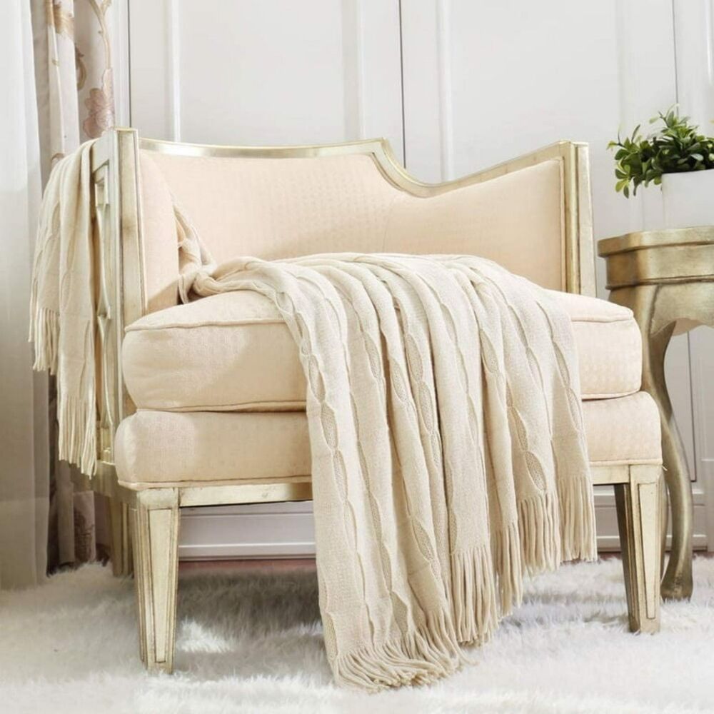 Beige Knitted Throw Blanket 50x60 NEW